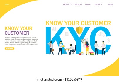 Know your customer vector website template, web page and landing page design for website and mobile site development. KYC business identification and finance safety concept.