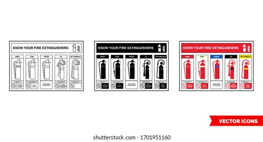 Conozca su extintor de extinción de incendios icono de identificación de 3 tipos: color, blanco y negro, contorno. Símbolo vectorial aislado.