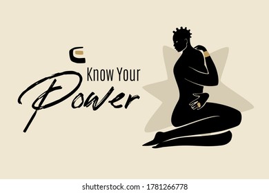 Know Your Power banner template with sitting African American woman silhouette. Modern vector abstract flat stock graphic illustration with young beautiful black woman wearing golden ring.