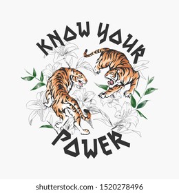know your power slogan with tigers on flower sketch background