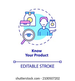 Know Your Product Concept Icon. Presentation Of Products. Customer Service Abstract Idea Thin Line Illustration. Isolated Outline Drawing. Editable Stroke. Roboto-Medium, Myriad Pro-Bold Fonts Used