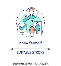 Know yourself concept icon. Practicing self recognition. Improving self esteem abstract idea thin line illustration. Isolated outline drawing. Editable stroke. Arial, Myriad Pro-Bold fonts used
