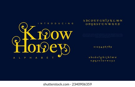 Knowhoney creative vintage alphabet font. Digital abstract moslem, futuristic, fashion, sport, minimal technology typography. Simple numeric vector illustration