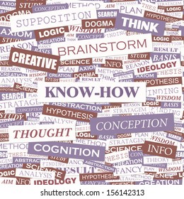 KNOW-HOW. Concept vector illustration. Word cloud with related tags and terms. Graphic tag collection. Wordcloud collage. 