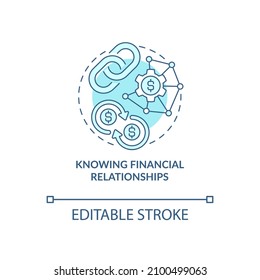Knowing financial relationship turquoise concept icon. Budget items bond abstract idea thin line illustration. Isolated outline drawing. Editable stroke. Roboto-Medium, Myriad Pro-Bold fonts used

