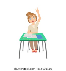 Know-it-all Schoolgirl Sitting Behind The Desk In School Class Illustration, Part Of Scholars Studying Vector Collection.