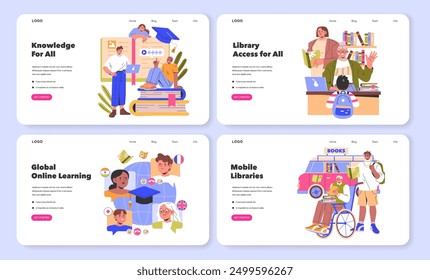 Knowledge Access Set. People engaging with books and digital resources for learning and library services. Universal education, diverse readers, e-learning. Vector illustration.