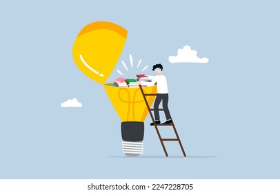 Knowledge accumulation, continuous learning for 
success or improvement, education to enhance skills concept, businessman climbing ladder to collect books in opening light bulb.