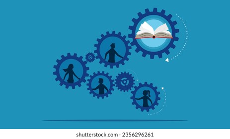 Mecanismo de acumulación de conocimientos. Empresarios trabajando juntos en ruedas cognitivas con libros