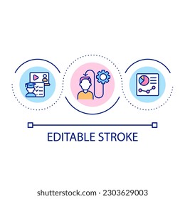 Knowledge acquisition process loop concept icon. Student skills assessment abstract idea thin line illustration. Tracking learner progress. Isolated outline drawing. Editable stroke. Arial font used