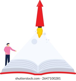 O conhecimento avança e cresce. Empresário atirando ponta de flecha com um vetor de livro

