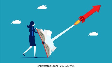 Knowledge advances and grows. Businesswoman shooting arrowhead with a book vector
