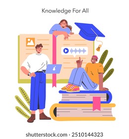 conceito Conhecimento para todos. Grupo diversificado de alunos envolvidos com recursos educacionais multimídia. Literacia digital, oportunidades de e-learning e educação acessível. Ilustração vetorial.