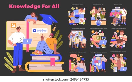 Knowledge For All concept. Promoting inclusive education through online platforms, library access, and educational workshops. Enhancing learning with technology and programs for all ages. Vector