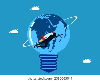 Conocimiento en todo el mundo. Empresario vuela en un cohete alrededor del mundo con una bombilla de luz