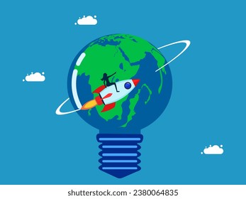 Knowledge around the world. Businesswoman drives a rocket and flies around the world in a light bulb