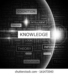 KNOWLEDGE. Background concept wordcloud illustration. Print concept word cloud. Graphic collage. Vector illustration.