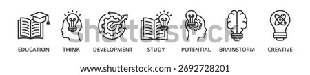 Knowledge banner icon with education, think, development, study, potential, brainstorm, creative