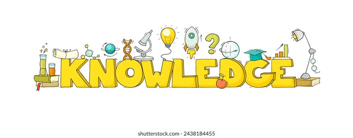 Knowledge banner with icons of school education and science. Concept of university, college or school study with text and doodle elements of physics, chemistry research, education, vector illustration