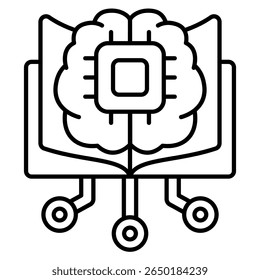 Knowledge base AI icon represented by brain, chip, circuit, book Line style.