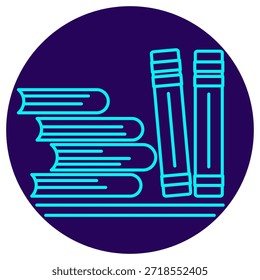 Ícone da Base de conhecimento. Contorno de néon minimalista em um fundo redondo azul escuro. Uma ilustração vetorial elegante de livros empilhados em uma prateleira, simbolizando uma biblioteca digital, recursos educacionais, arquivo de informações, repositório de documentação e material de referência