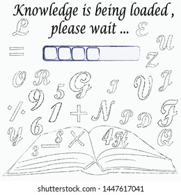 Knowledge is being loaded, please wait.Back to school.Education scene with words, numbers and open book.Welcome back.Time for school.
