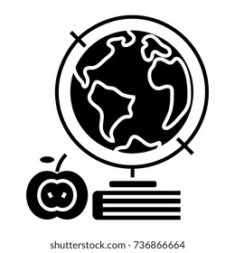 knowledge - book - apple - globus - globe icon, vector illustration, black sign on isolated background