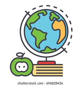 Knowledge, book, globus, globe, study, learning concept. Line vector icon. Editable stroke. Flat linear illustration isolated on white background