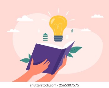 Knowledge book idea. Books publication scientific discovery concept, reading education read learning creativity inspiration discover light bulb new solution vector illustration original artwork