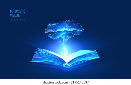 Knowledge of books concept in digital futuristic style. The tree grows from the book the concept of the environment or laws. Vector illustration on a dark night background with light neon effect