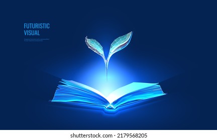 Knowledge of books concept in digital futuristic style. The sprout grows from the book the concept of wisdom. Vector illustration on dark night background with light neon effect