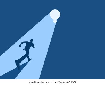 Knowledge, Businessman running towards light bulb