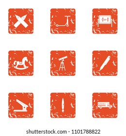 Knowledge of the child icons set. Grunge set of 9 knowledge of the child vector icons for web isolated on white background