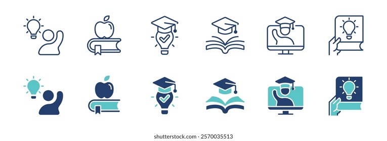 knowledge cognition icon line set smart student intelligence achievement with graduation cap and lightbulb book signs vector outline illustration