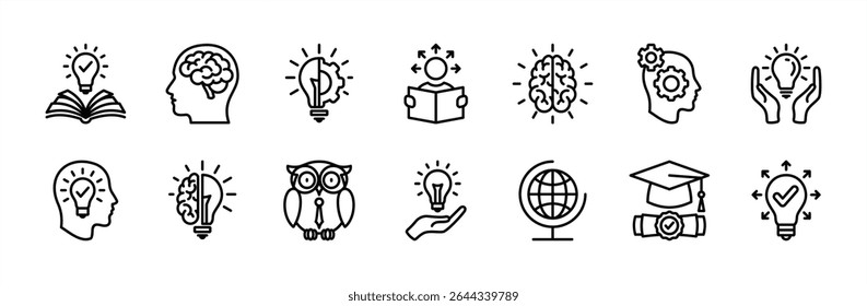 Knowledge cognition icon set. Contains innovation, smart thinking, learning, light bulb genius idea, creative, creativity, education book, achievement, brain, brainstorm, graduation. Vector