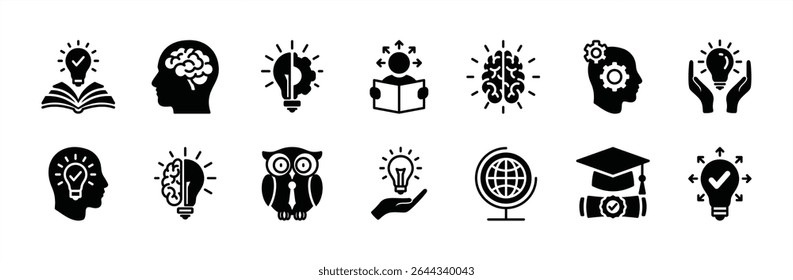 Conjunto de vetores de ícone de cognição de conhecimento. Contém inovação, pensamento inteligente, aprendizagem, ideia de gênio lâmpada, criativo, criatividade, livro de educação, realização, cérebro, debate, formatura. EPS 10