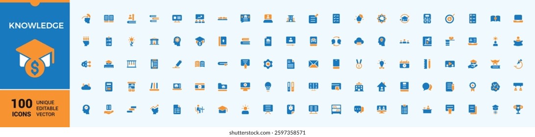 Knowledge colorful icon set. It contains symbols to school, learn, education, brain, book, learning, idea, ai, skill and more. Study simple icon. Vector filled icons collection.