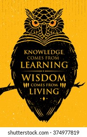 Knowledge Comes From Learning. Wisdom Comes From Living. Inspiring Creative Motivation Quote. Owl Vector Typography Poster Design Concept 