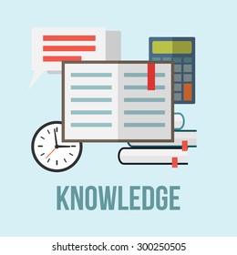 Knowledge concept. Books, calculator,clock, letter and bubble speech. Flat style vector illustration.