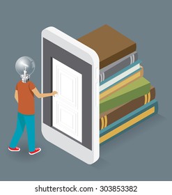 Wissenskonzept. Tür zum Wissen. Vektor 3d flach isometrisch mit Student öffnet die Tür