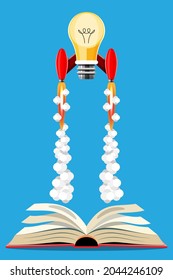 knowledge concept idea. Cartoon vector illustration Idea Rocket launch form book. It's like having knowledge like getting a rocket on ideas. Vector illustration in 3D style