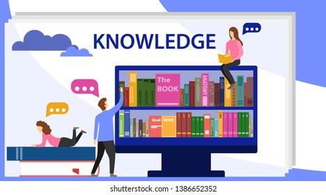 Knowledge concept. A man pulls a book from the computer screen. Men and women read books. Book library with people. Education and knowledge concept infographics. 