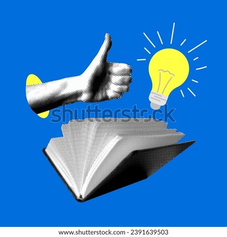 Knowledge concept. Modern collage with halftone style open book,  hand and light bulb. Education, wisdom and study. Intellectual development. Smart thinking. Searching for ideas in a book. Inspiration