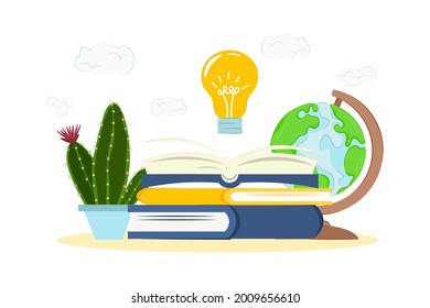 knowledge concept. open book with a light bulb. vector illustration in flat style. 