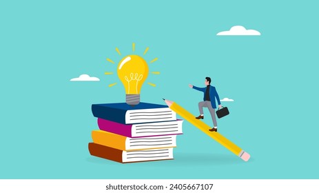 knowledge to create creativity. education from reading book to develop skills. knowledge to achieve success. young businessman with a pile of books covered in light bulb plants concept illustration