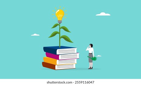 knowledge to create creativity. education from reading book to develop skills. knowledge to achieve success. young businesswoman with a pile of books covered in light bulb plants concept illustration