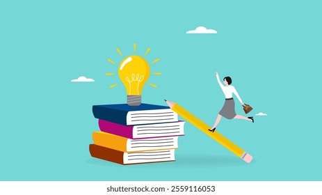 knowledge to create creativity. education from reading book to develop skills. knowledge to achieve success. young businesswoman with a pile of books covered in light bulb plants concept illustration