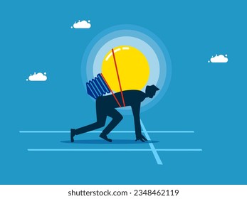 Knowledge creates advantages. man preparing to start running with light bulb 