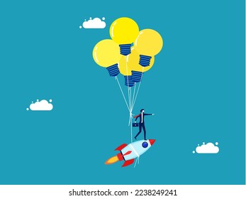 Knowledge creates innovation. floating rocket with creative light bulb balloons. vector