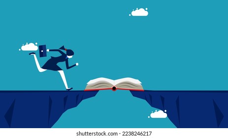 Knowledge creates opportunities. business people running on book through the gap
